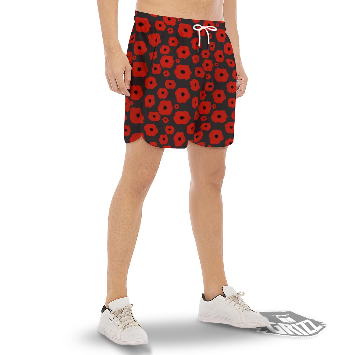 Poppy Red Print Pattern Men's Gym Shorts-grizzshop