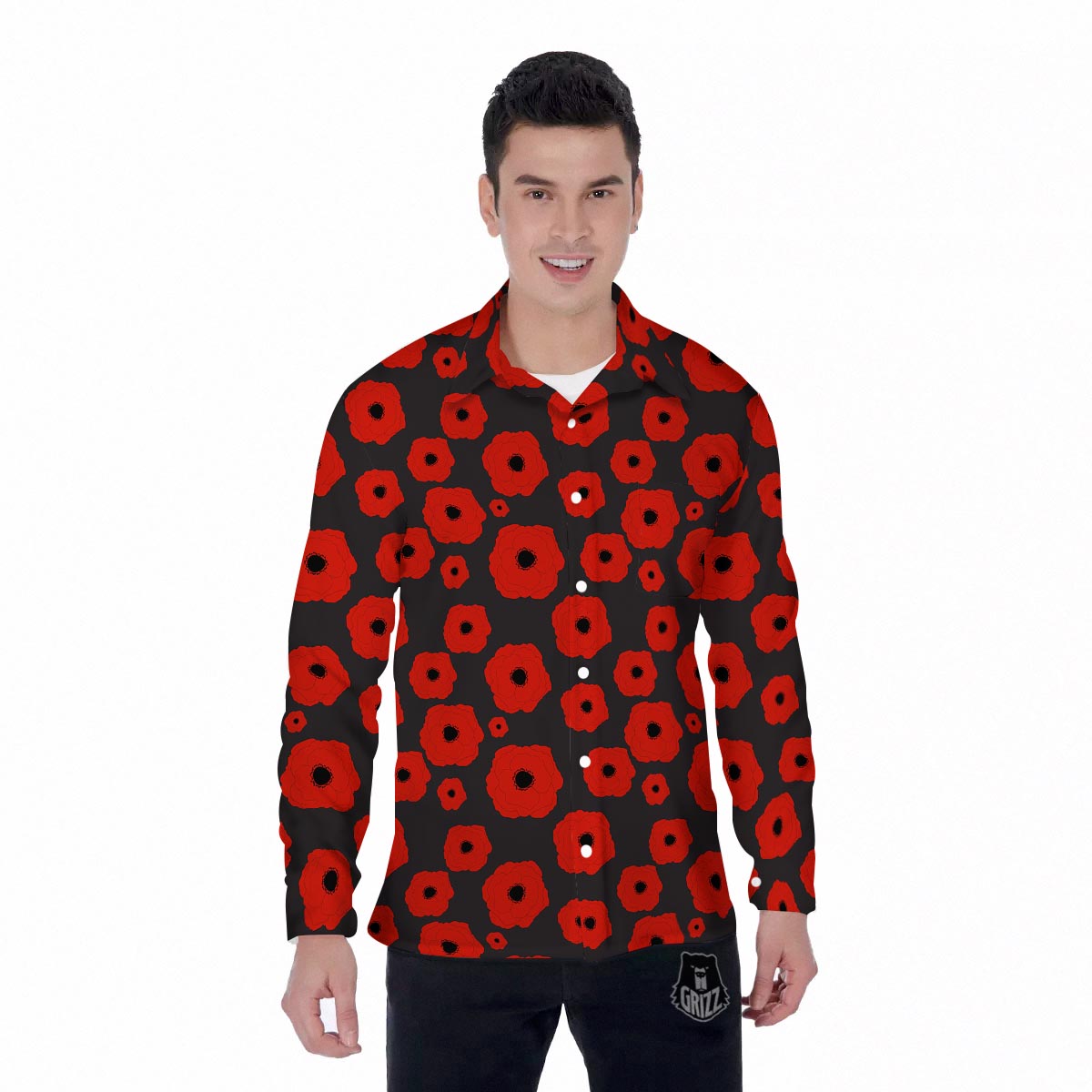 Poppy Red Print Pattern Men's Long Sleeve Shirts-grizzshop