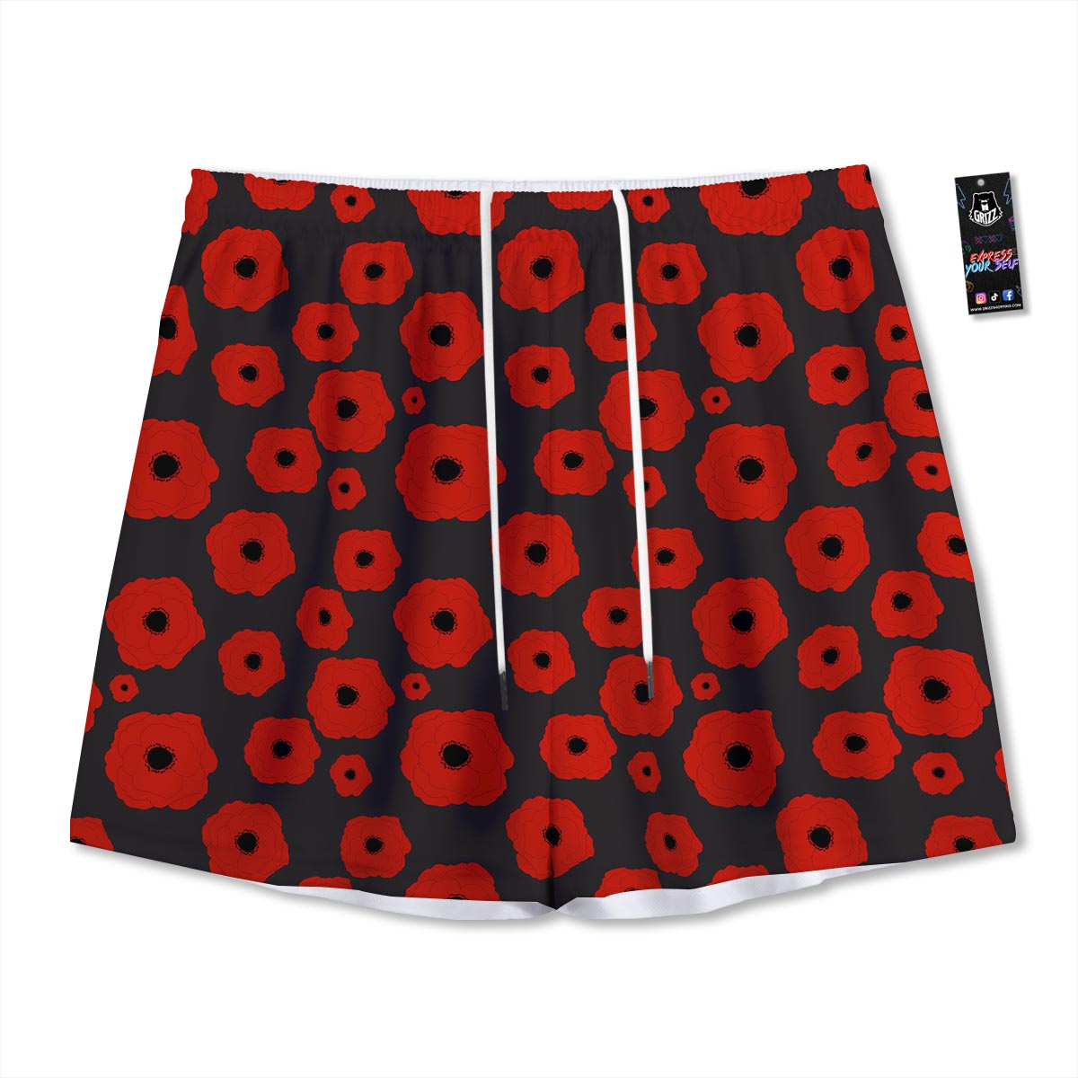 Poppy Red Print Pattern Mesh Shorts