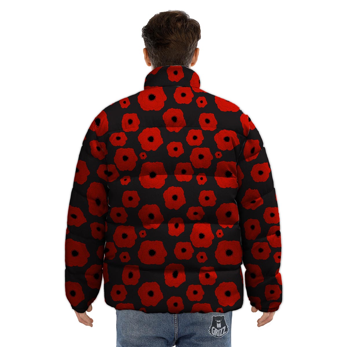 Poppy Red Print Pattern Puffer Jacket-grizzshop