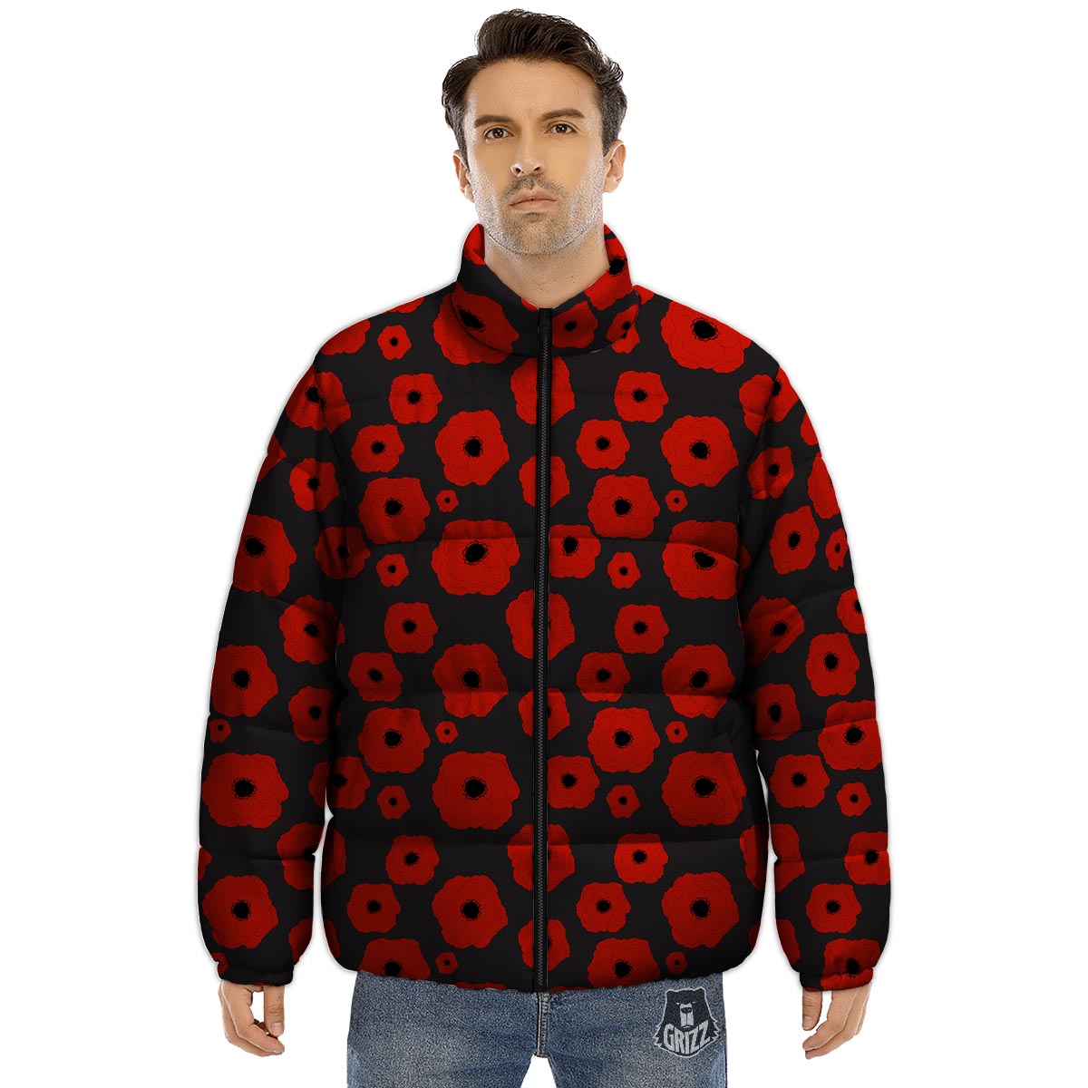 Poppy Red Print Pattern Puffer Jacket-grizzshop