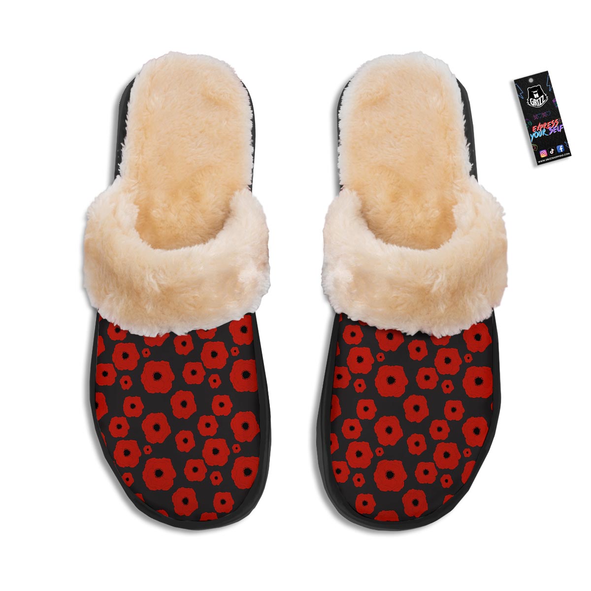 Poppy Red Print Pattern Slippers-grizzshop