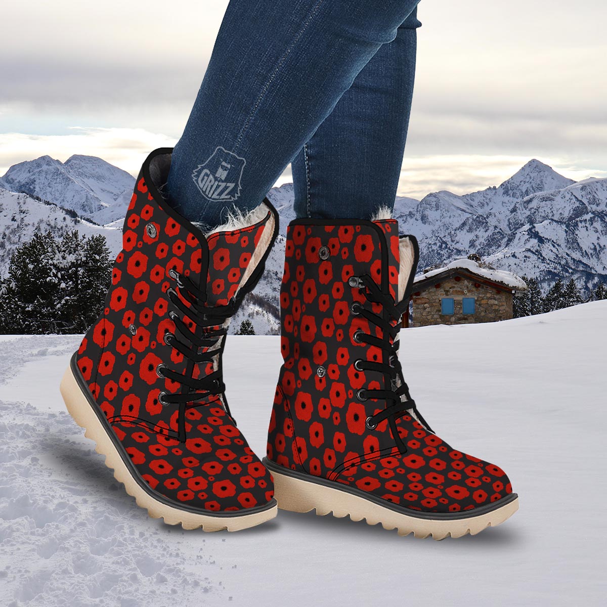 Poppy Red Print Pattern Snow Boots-grizzshop