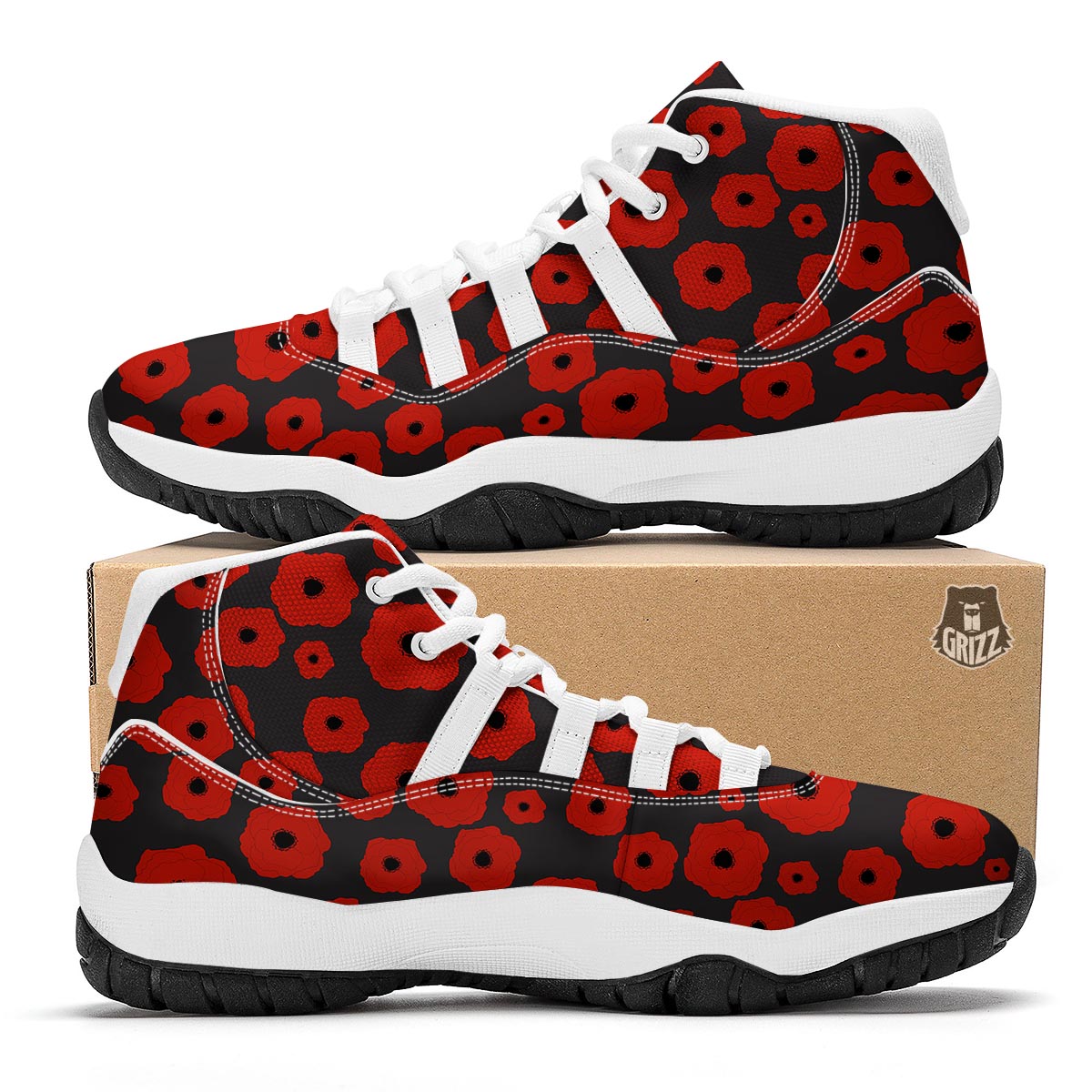 Poppy Red Print Pattern White Bball Shoes-grizzshop