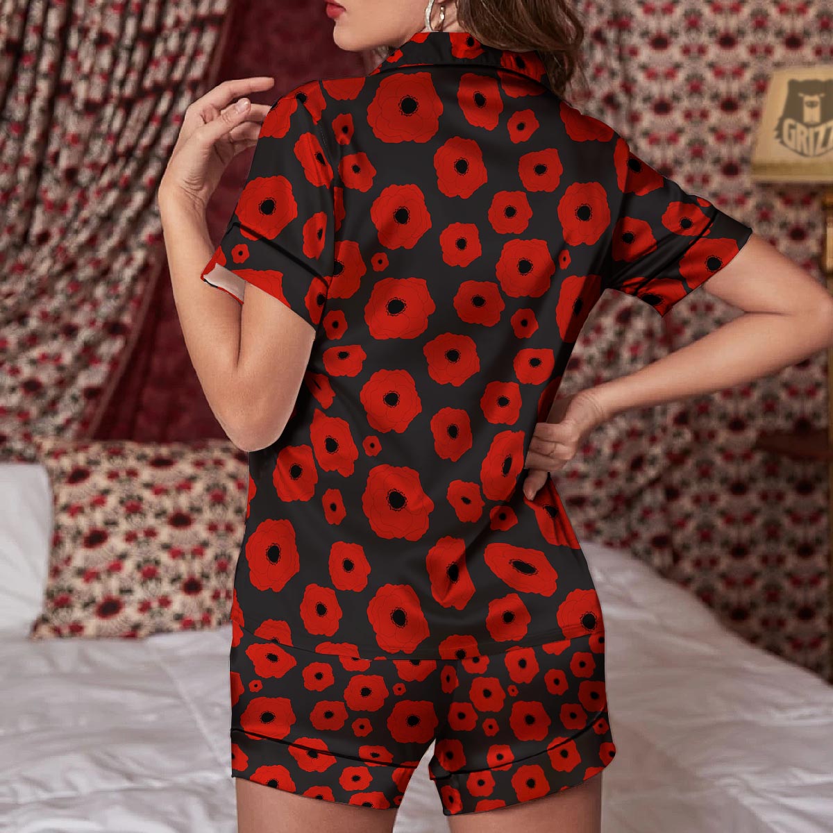 Poppy Red Print Pattern Women Silk Pajamas-grizzshop