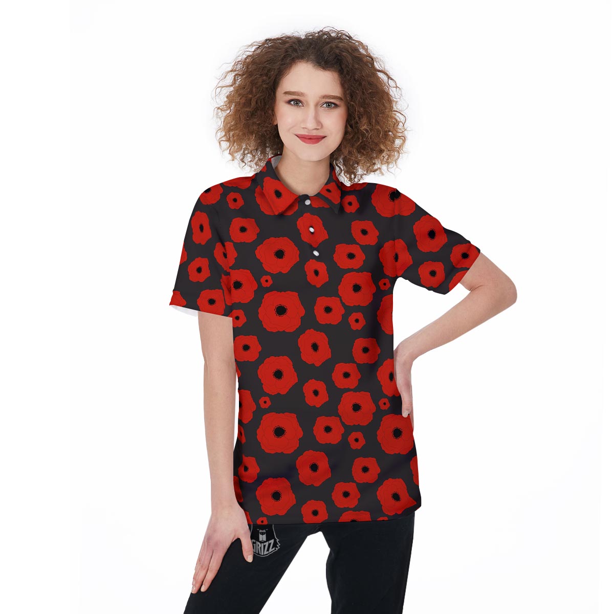 Poppy Red Print Pattern Women's Golf Shirts-grizzshop