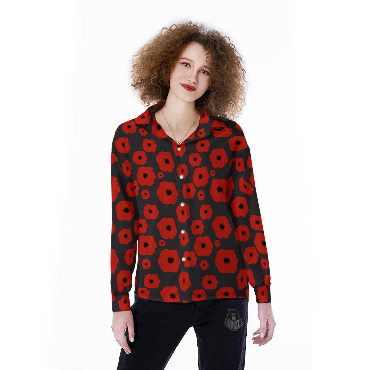 Poppy Red Print Pattern Women's Long Sleeve Shirts-grizzshop