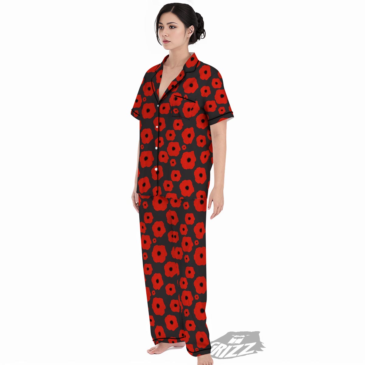 Poppy Red Print Pattern Women's Pajamas Set-grizzshop