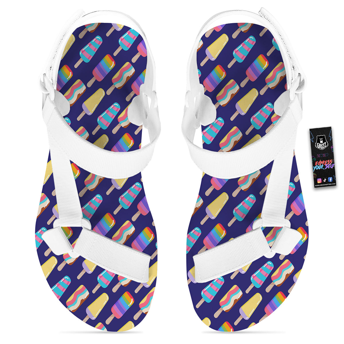 Popsicle Ice Cream Print Pattern White Open Toe Sandals-grizzshop