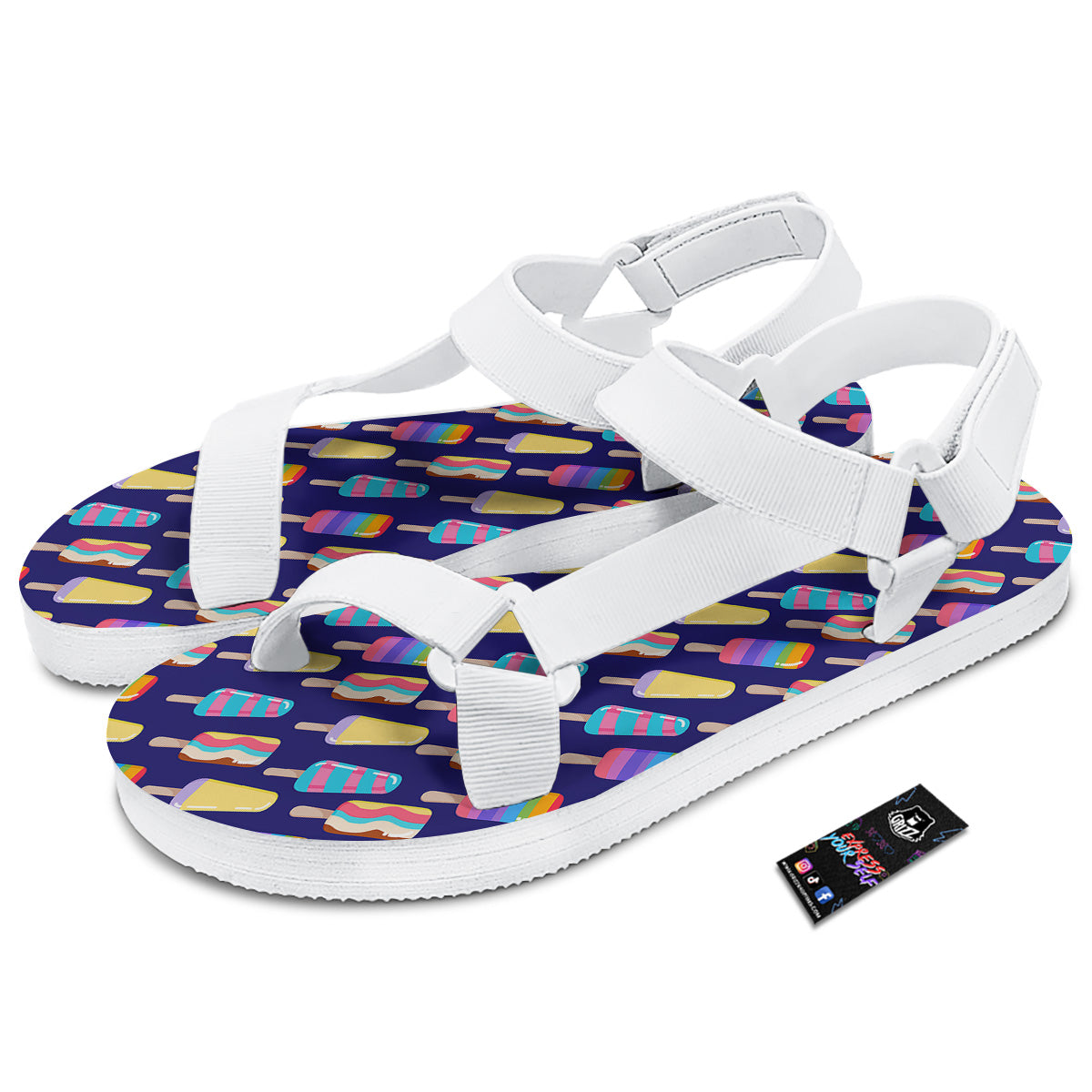 Popsicle Ice Cream Print Pattern White Open Toe Sandals-grizzshop