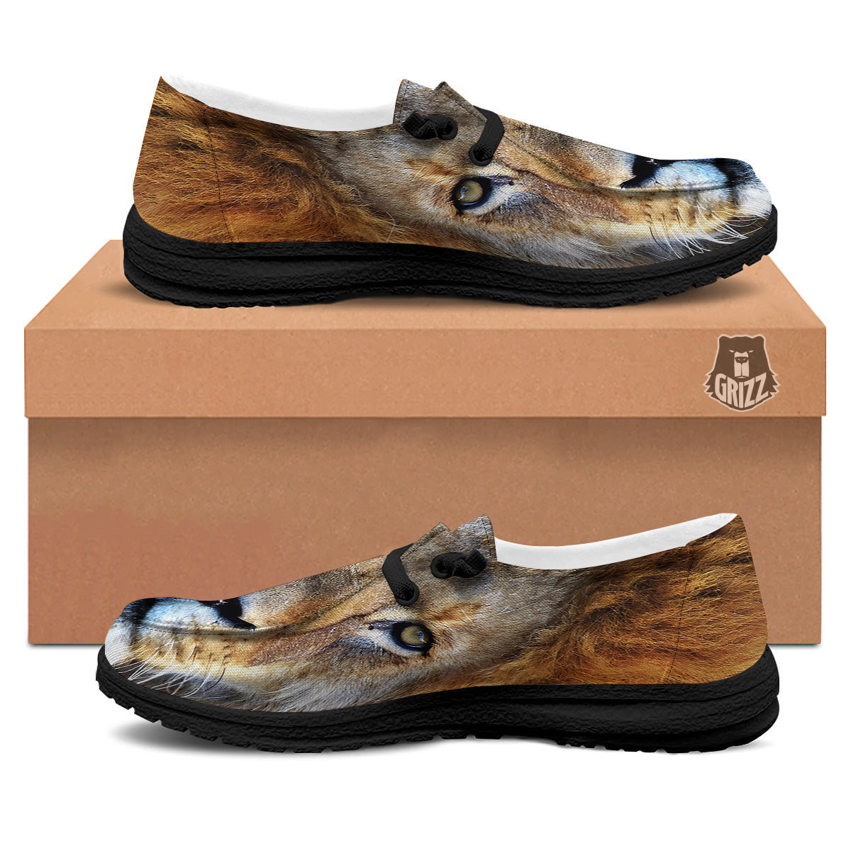 Portrait African Lion Print Black Loafers-grizzshop