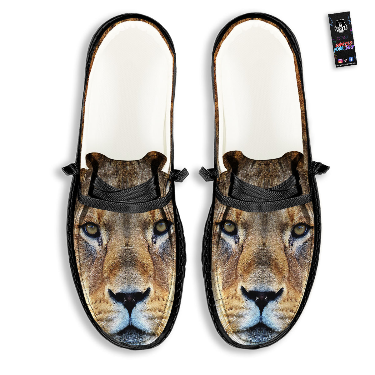 Portrait African Lion Print Black Loafers-grizzshop