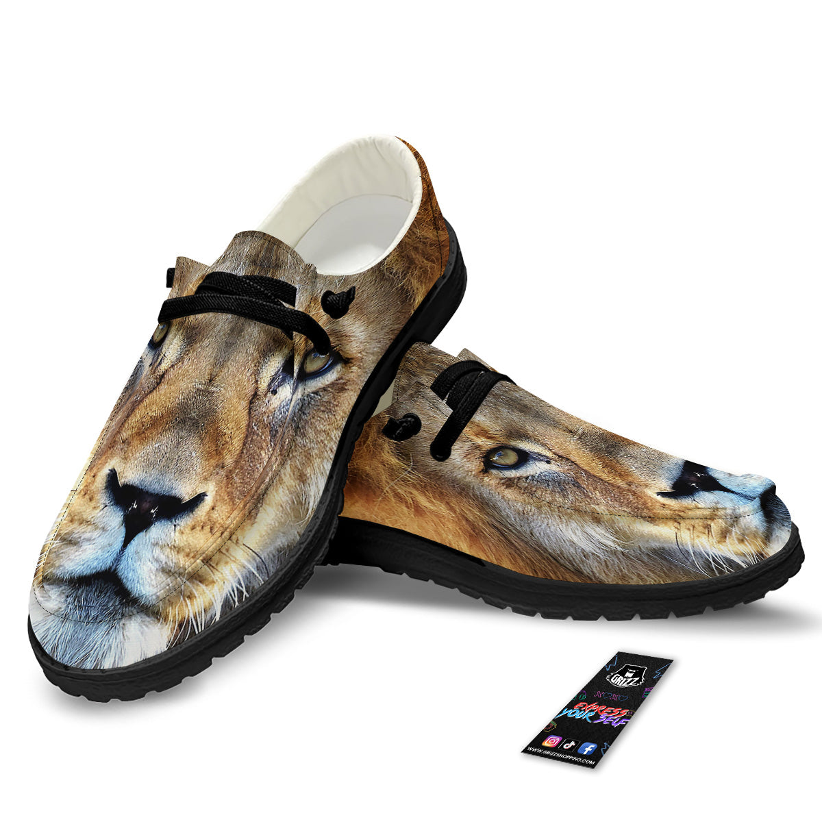 Portrait African Lion Print Black Loafers-grizzshop