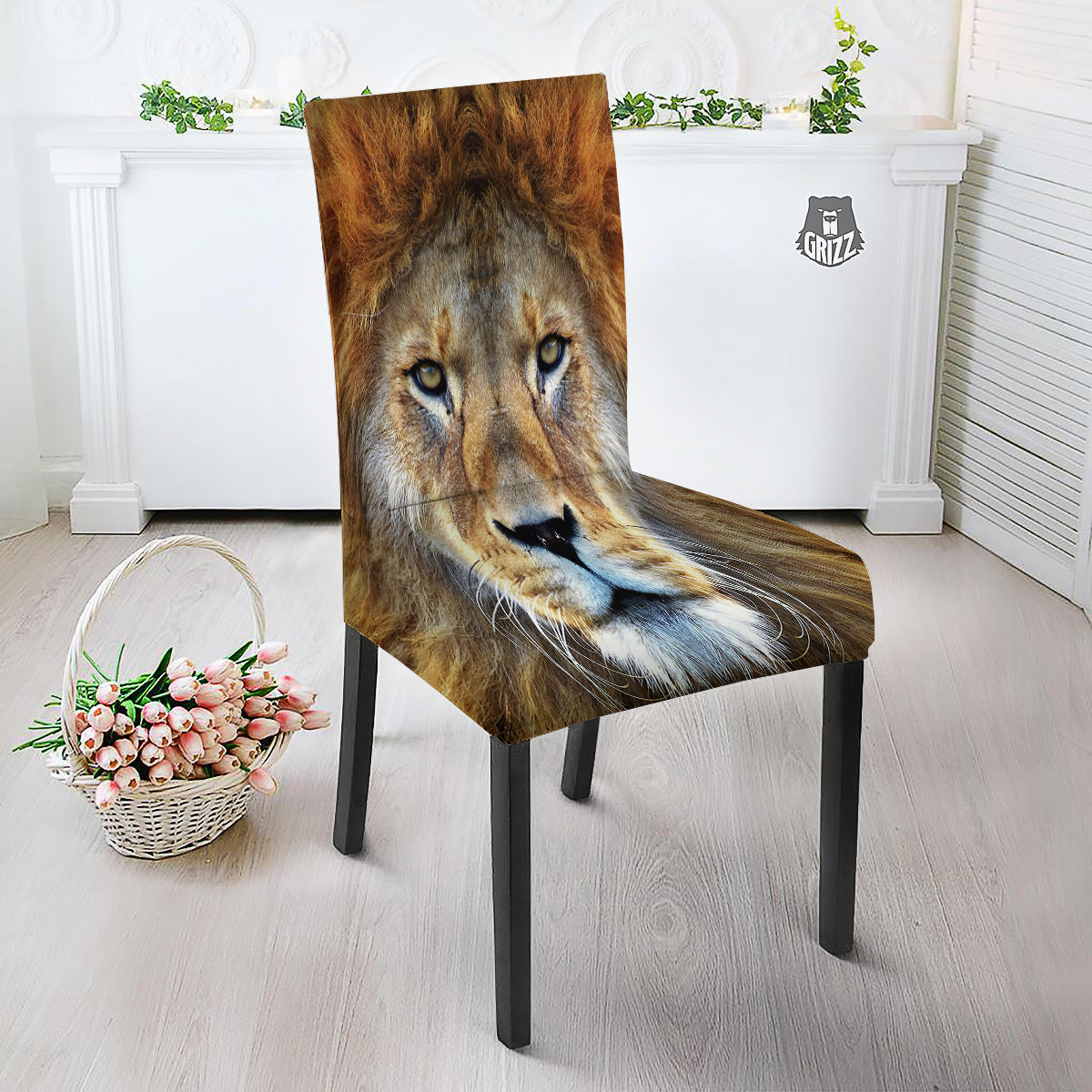 Portrait African Lion Print Dining Chair Slipcover-grizzshop