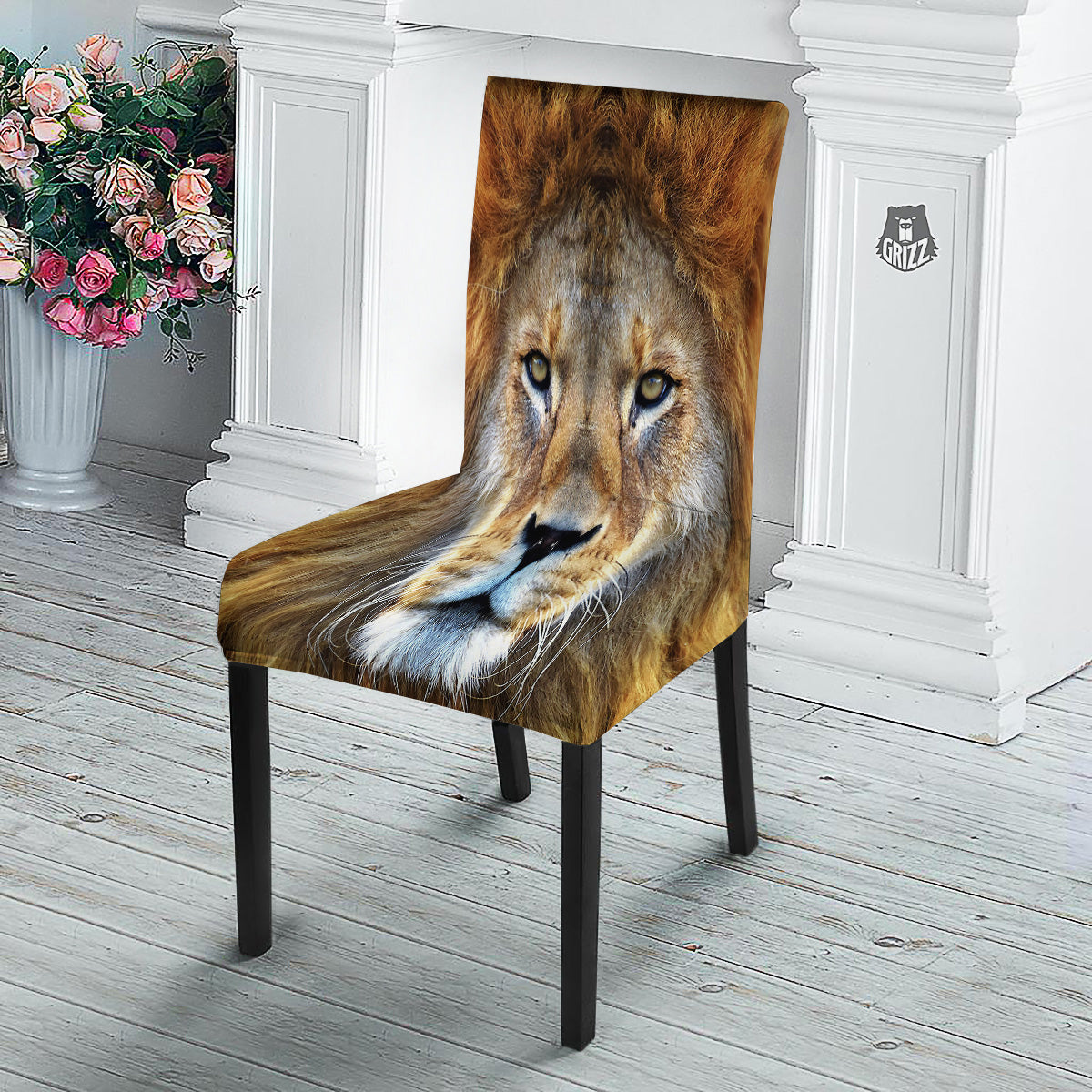 Portrait African Lion Print Dining Chair Slipcover-grizzshop