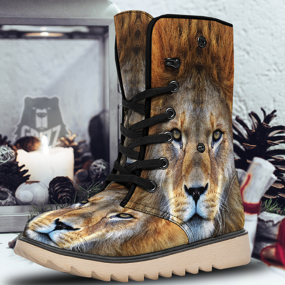 Portrait African Lion Print Snow Boots-grizzshop