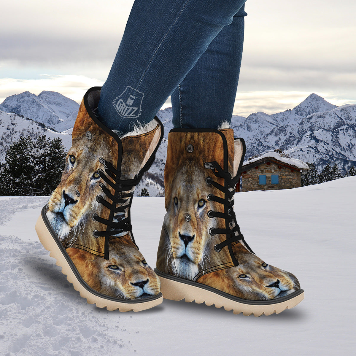 Portrait African Lion Print Snow Boots-grizzshop