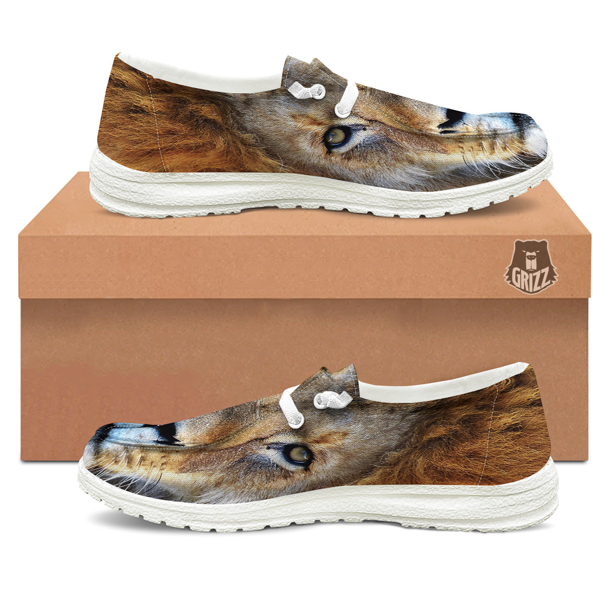 Portrait African Lion Print White Loafers-grizzshop