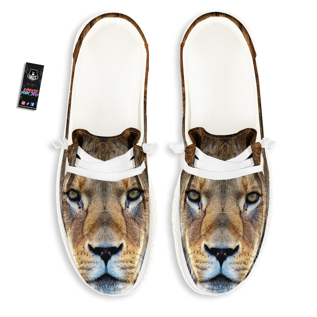 Portrait African Lion Print White Loafers-grizzshop