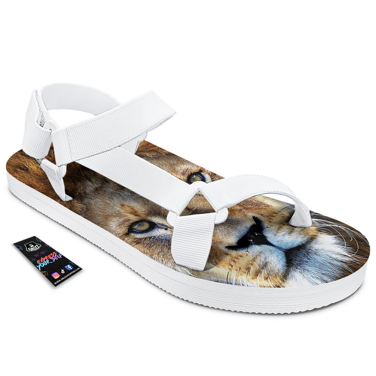 Portrait African Lion Print White Open Toe Sandals-grizzshop