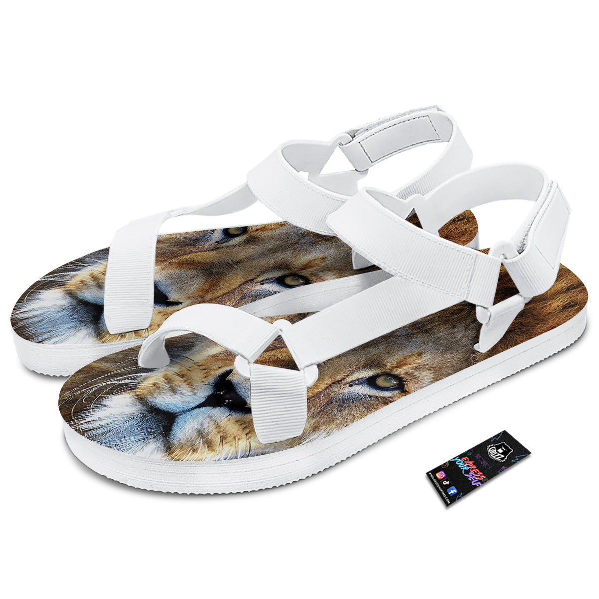 Portrait African Lion Print White Open Toe Sandals-grizzshop