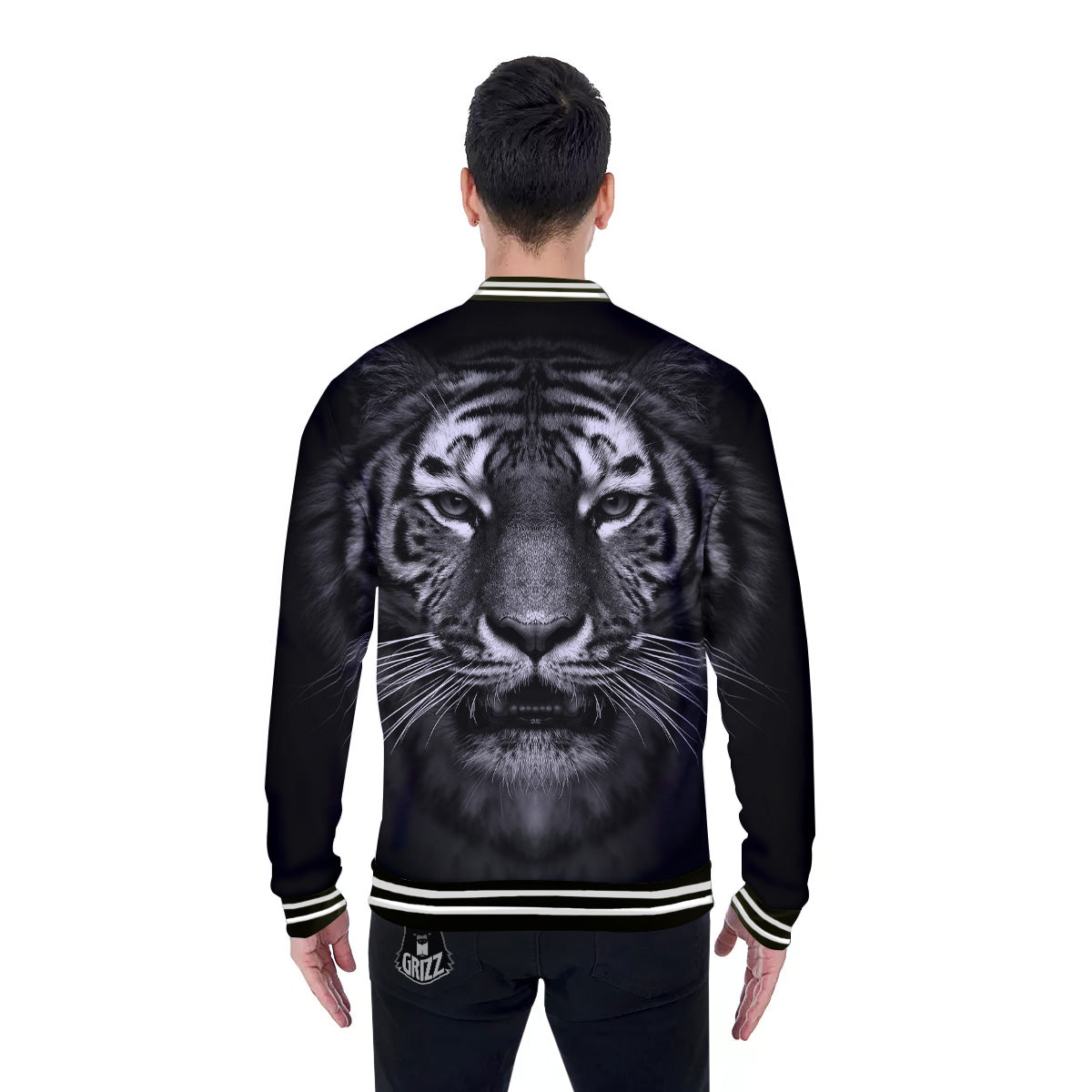 Portrait Black Tiger Print Baseball Jacket-grizzshop