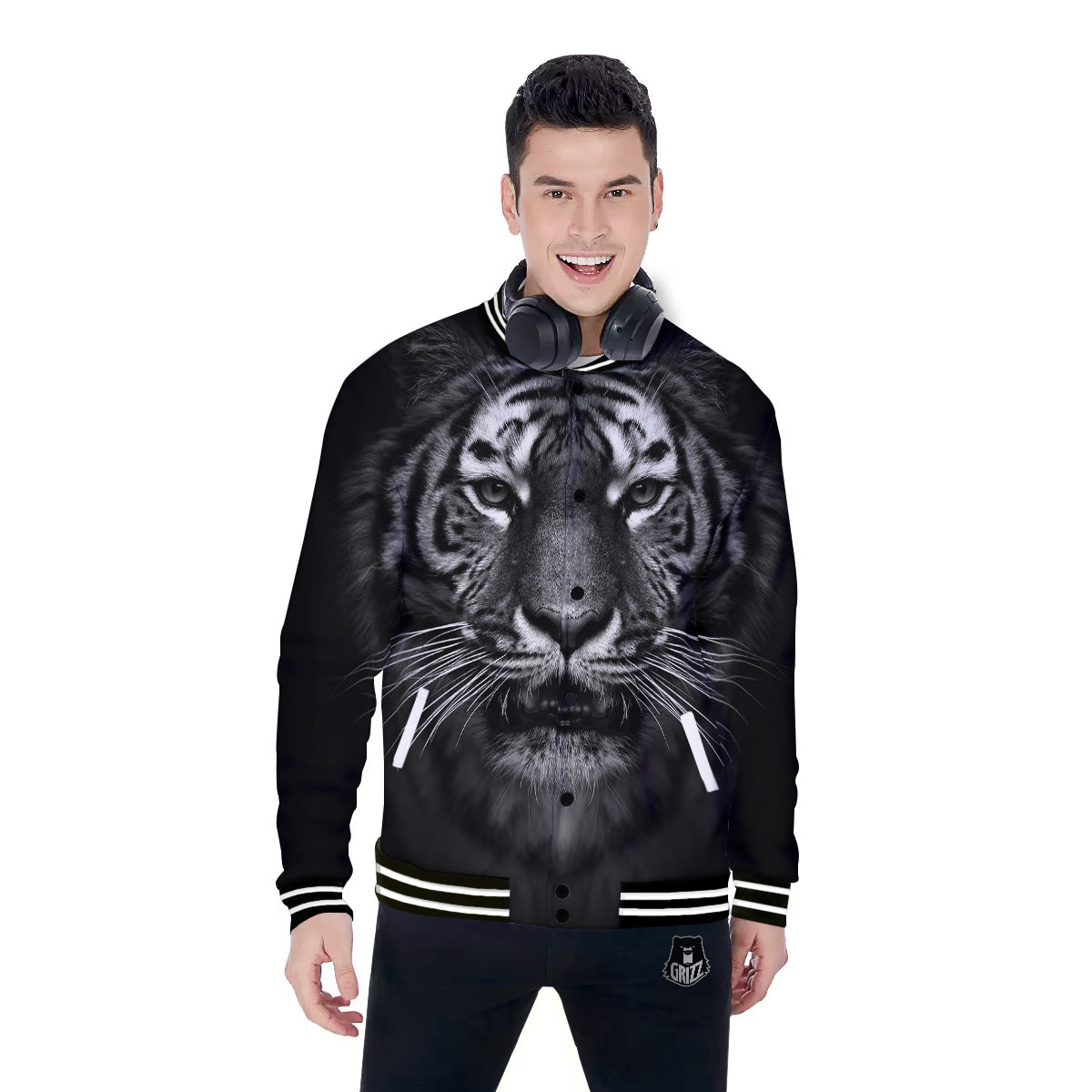Portrait Black Tiger Print Baseball Jacket-grizzshop