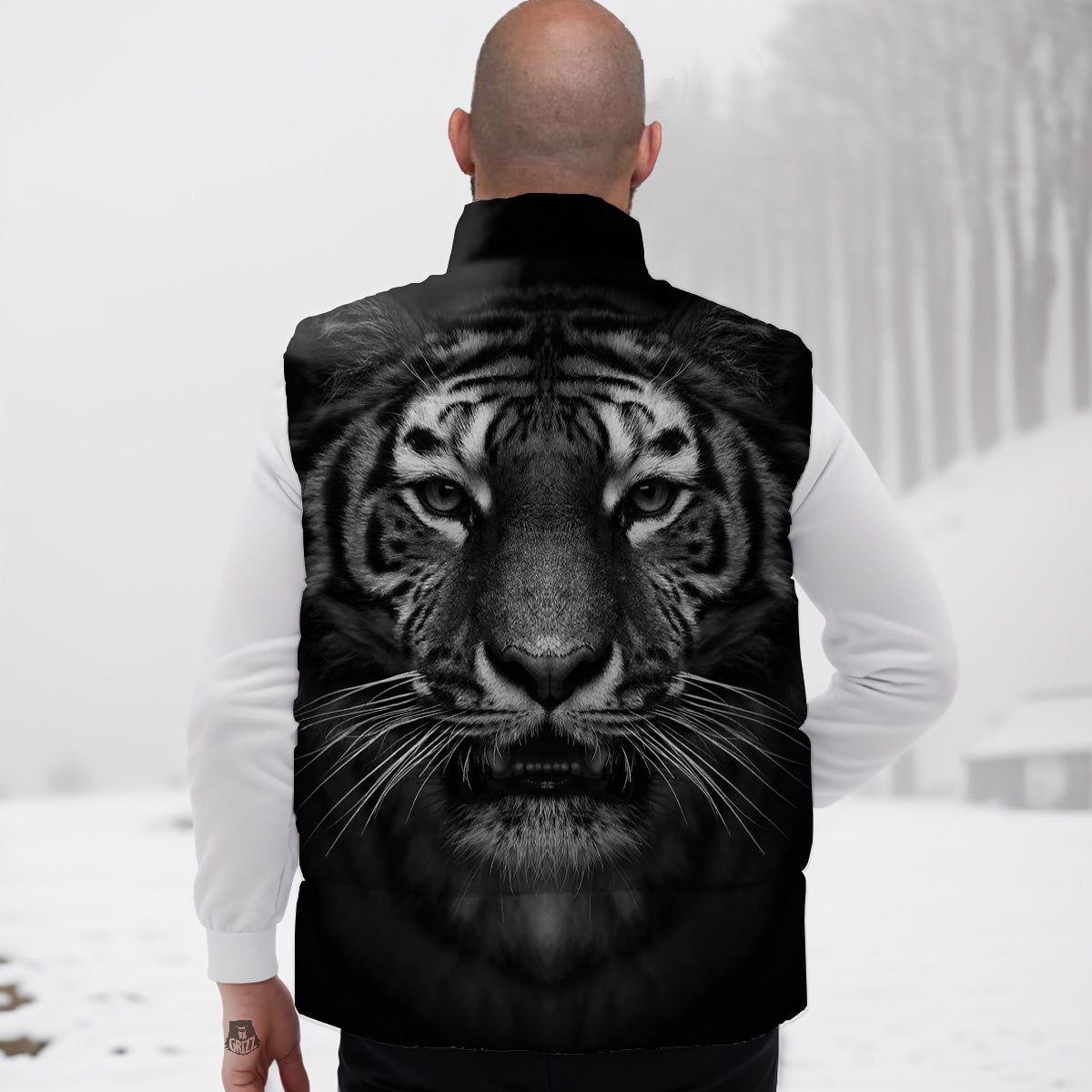 Portrait Black Tiger Print Down Vest