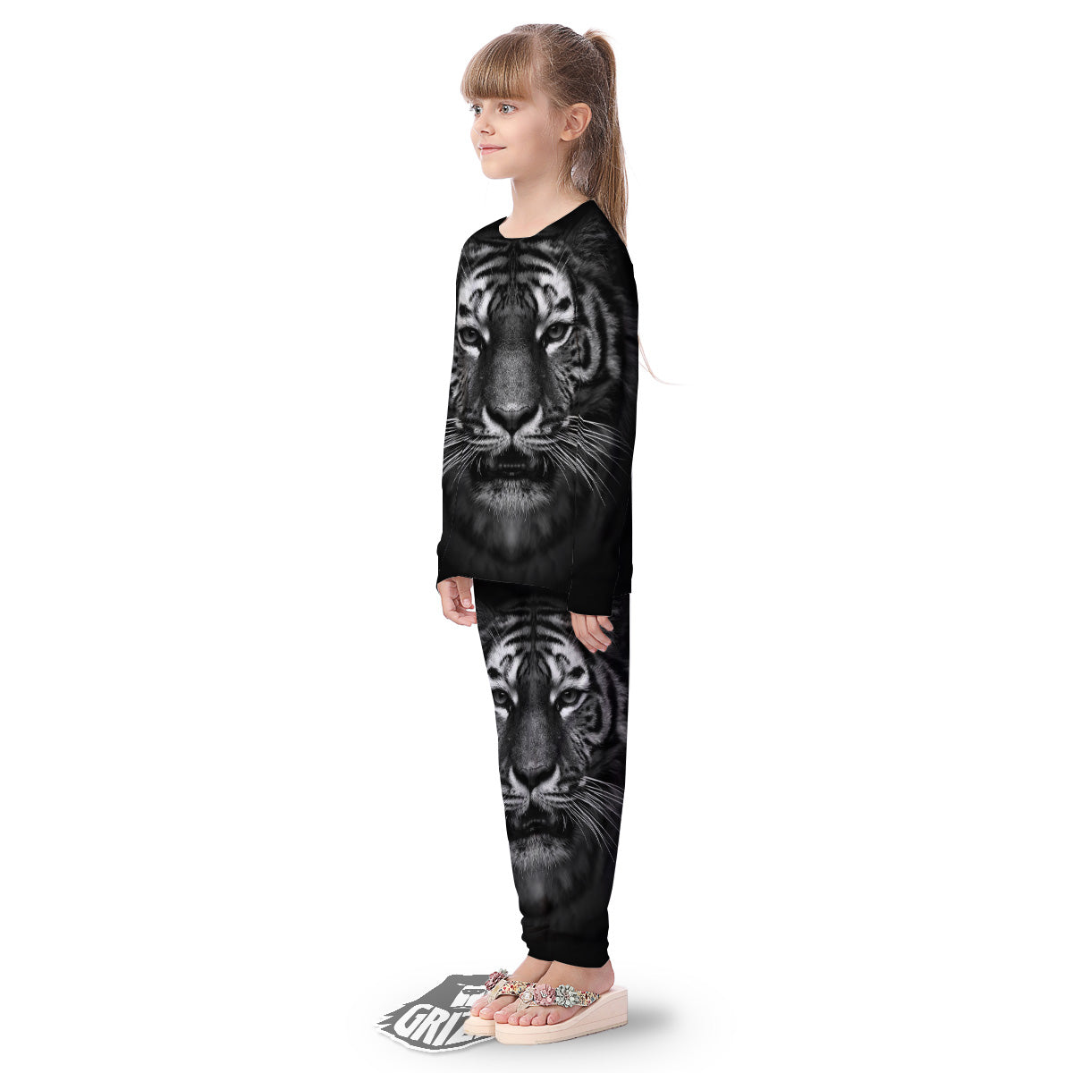 Portrait Black Tiger Print Kid's Pajamas-grizzshop
