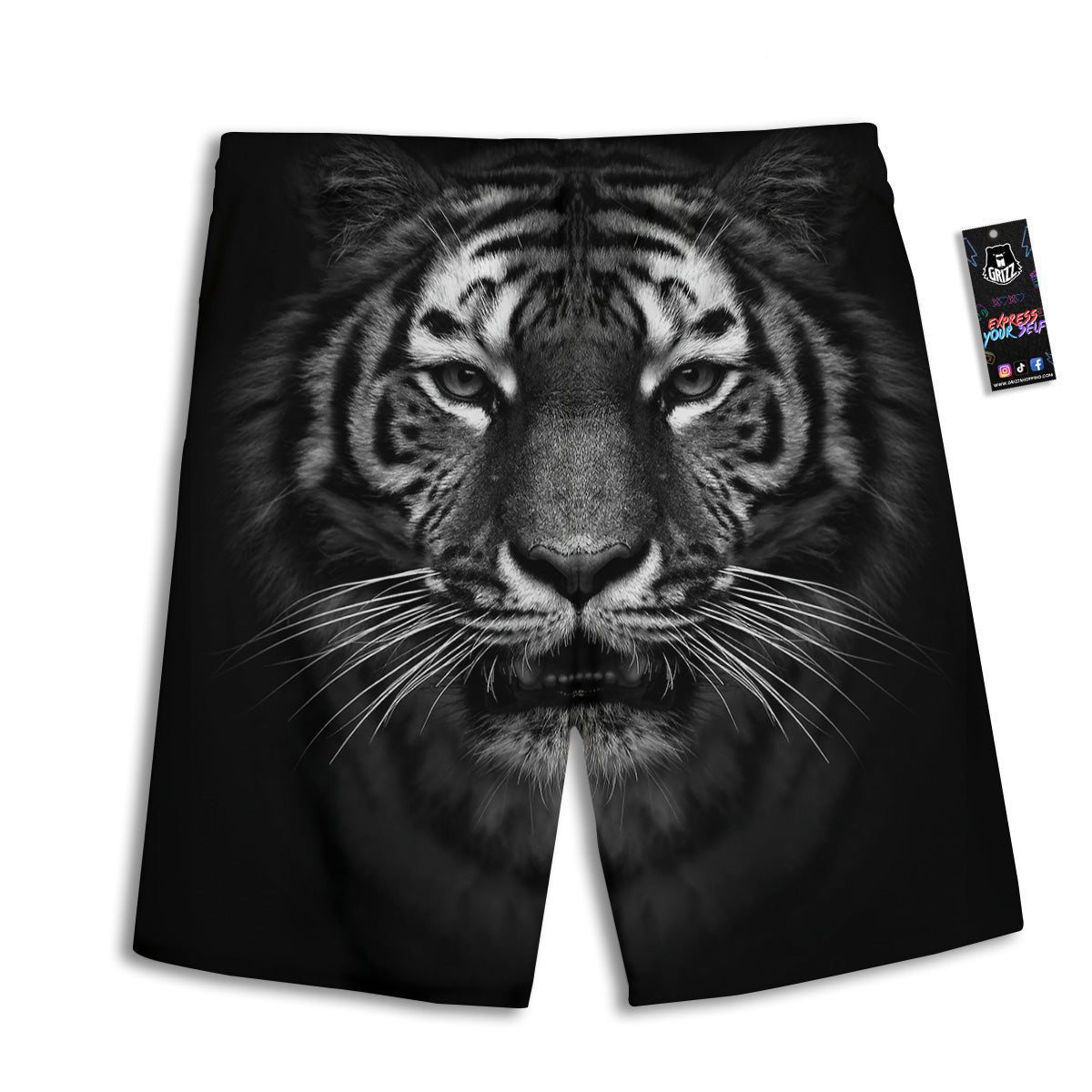 Portrait Black Tiger Print Men's Athletic Shorts
