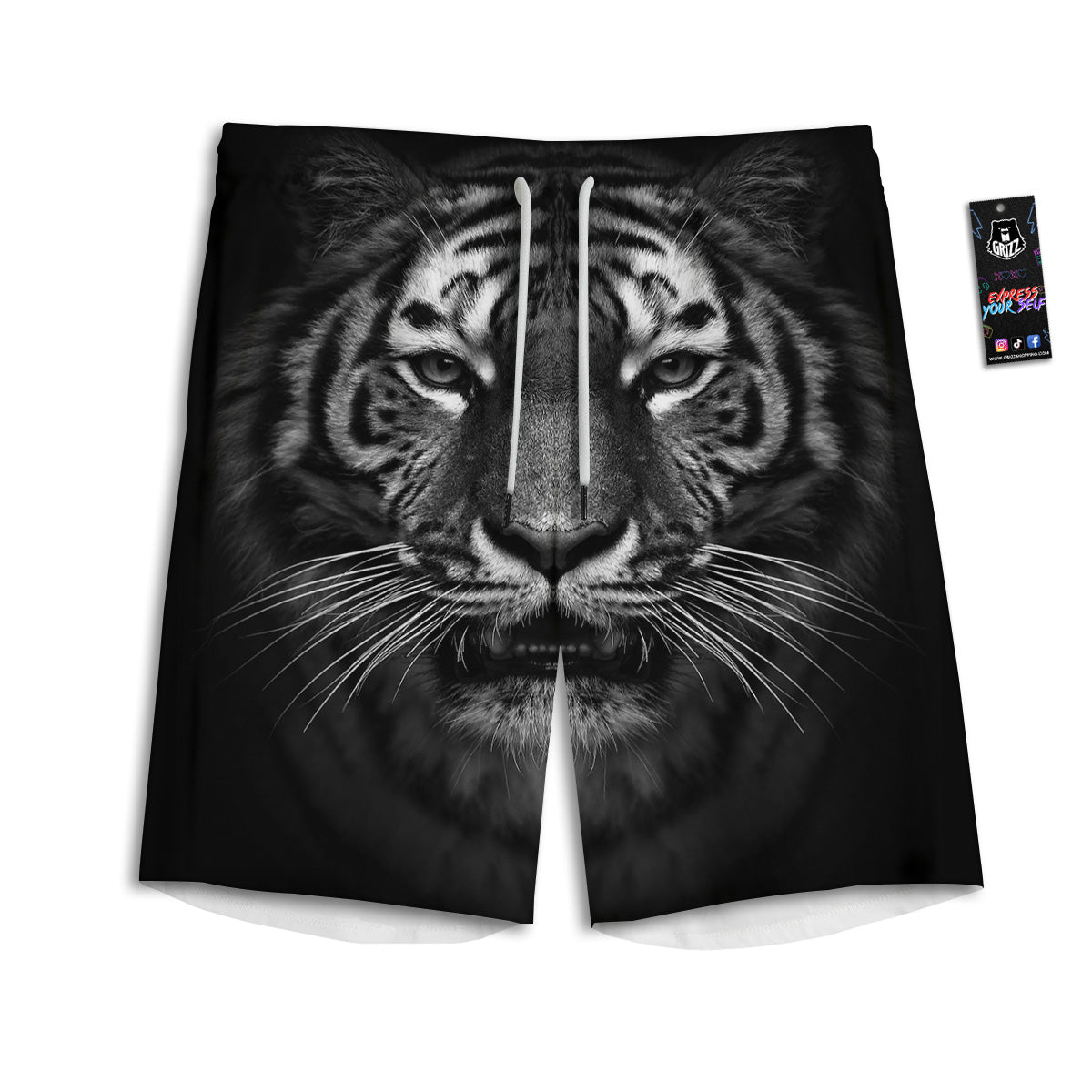 Portrait Black Tiger Print Men's Athletic Shorts