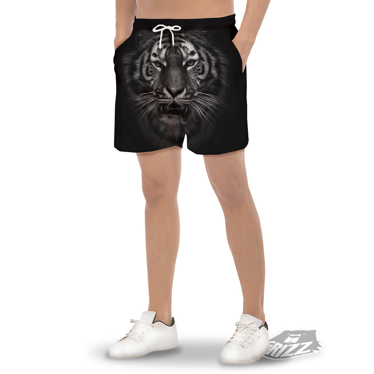 Portrait Black Tiger Print Men's Gym Shorts-grizzshop
