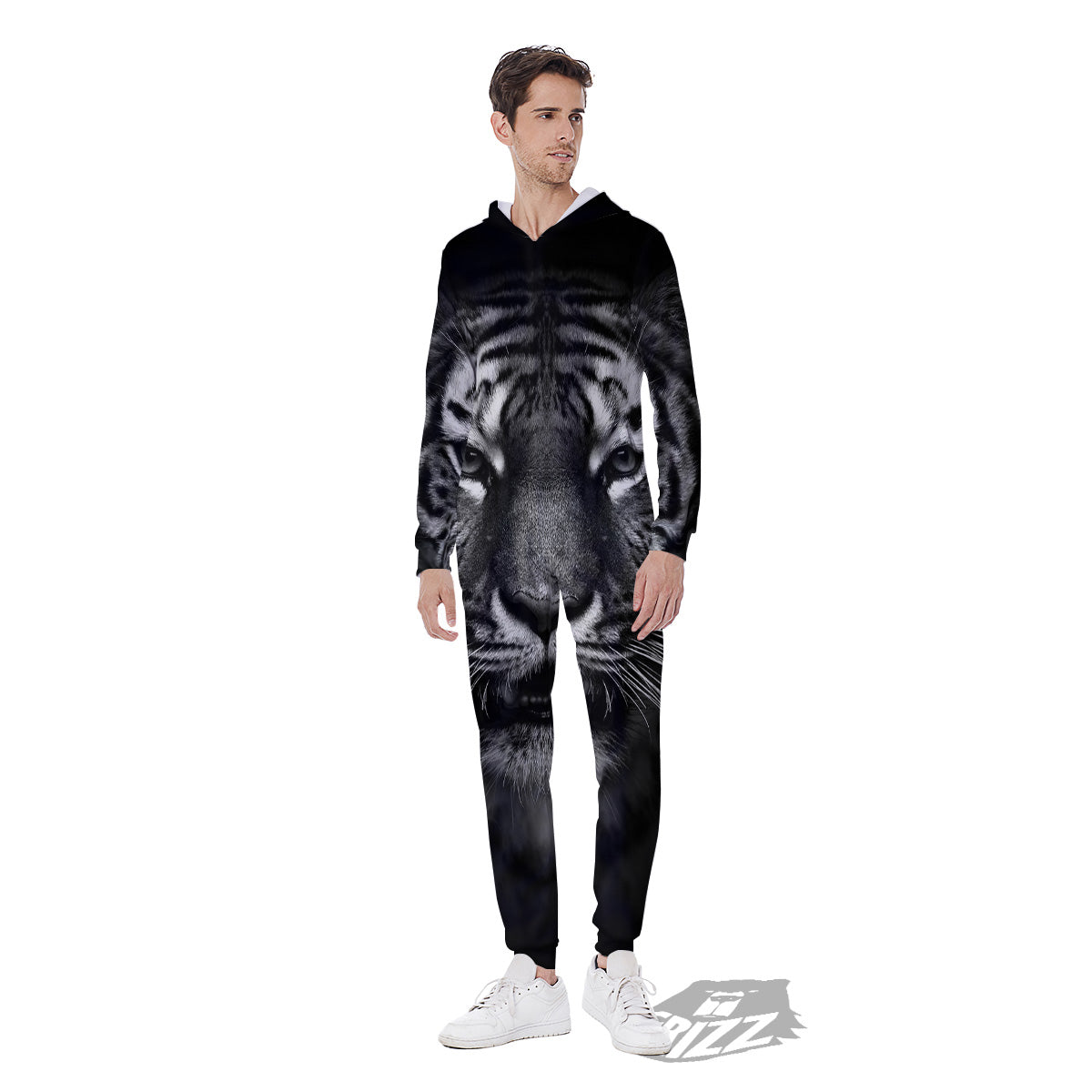 Portrait Black Tiger Print Men's Jumpsuit-grizzshop