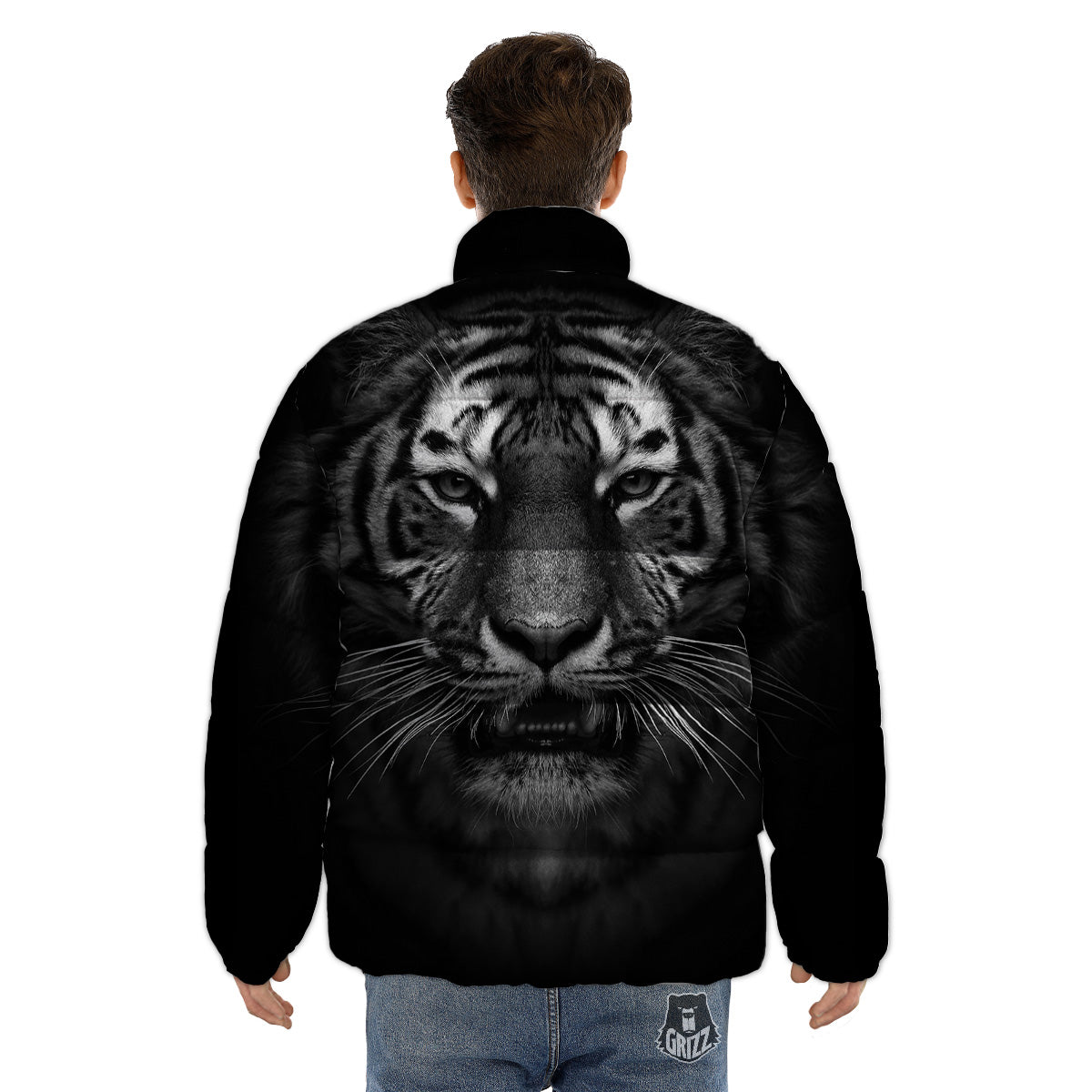 Portrait Black Tiger Print Puffer Jacket-grizzshop