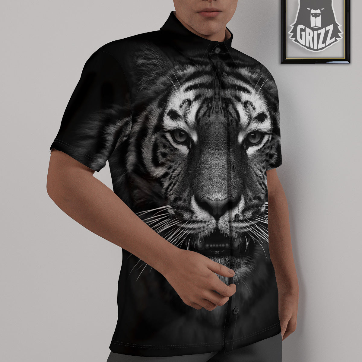 Portrait Black Tiger Print Untucked Shirts-grizzshop