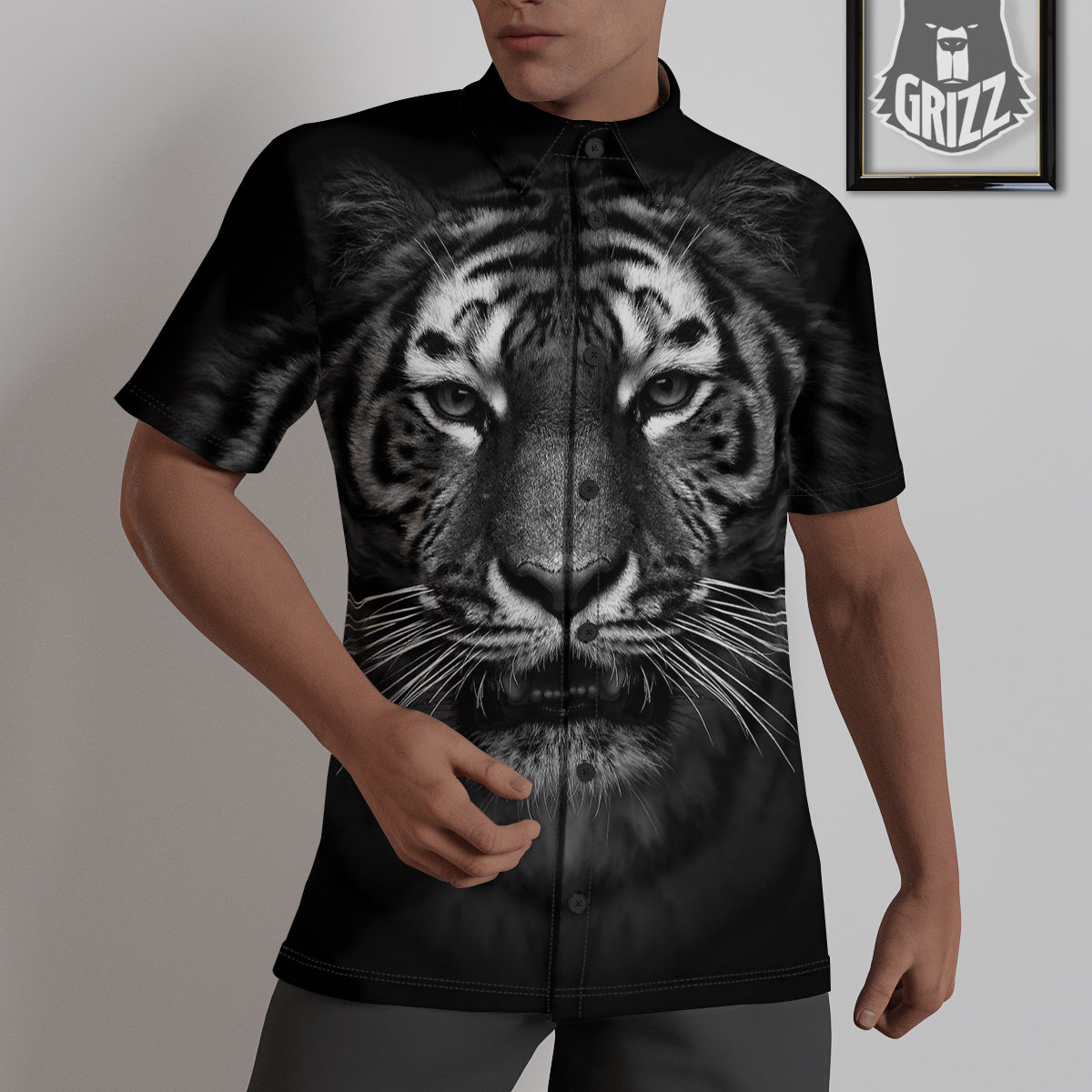 Portrait Black Tiger Print Untucked Shirts-grizzshop