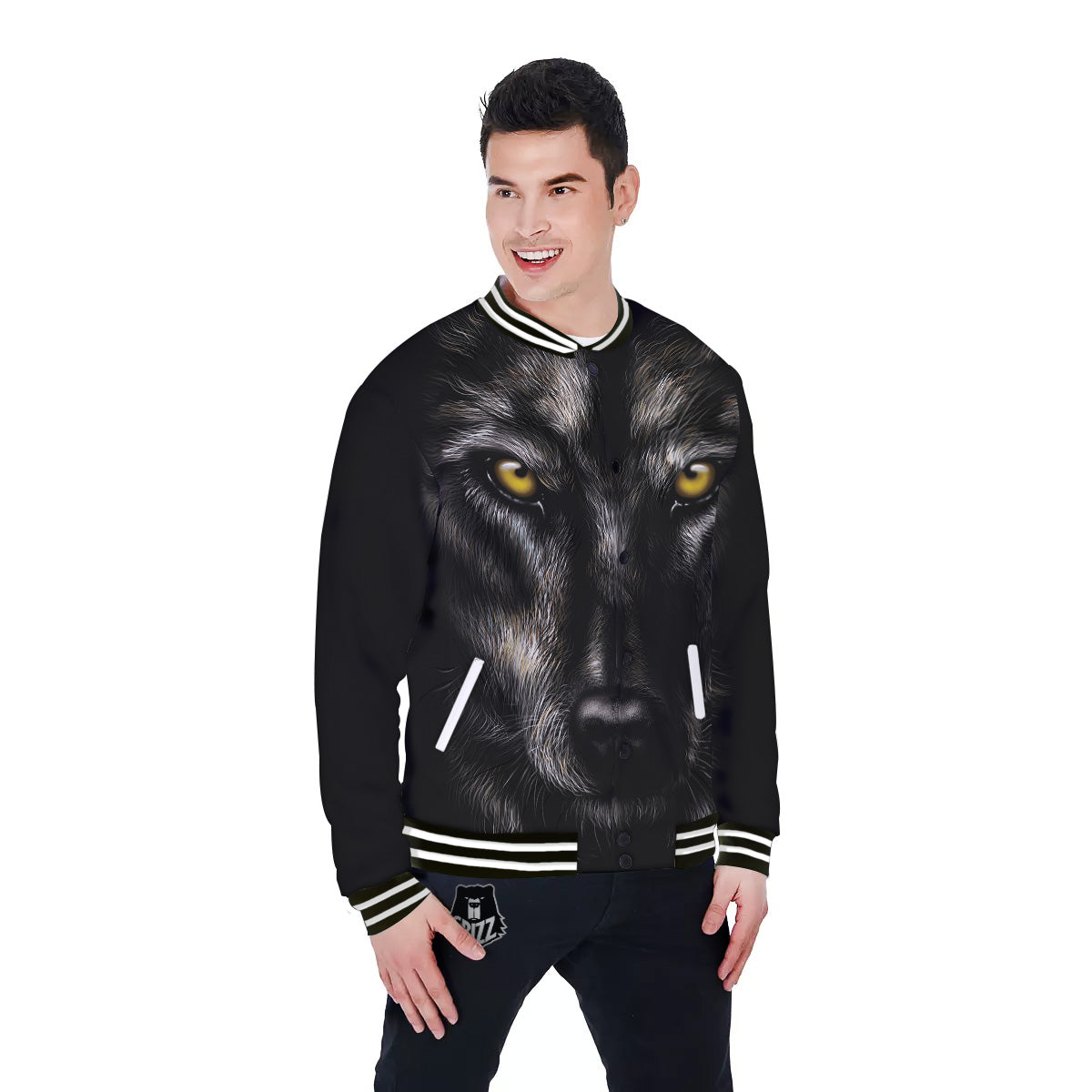 Portrait Black Wolf Print Baseball Jacket-grizzshop