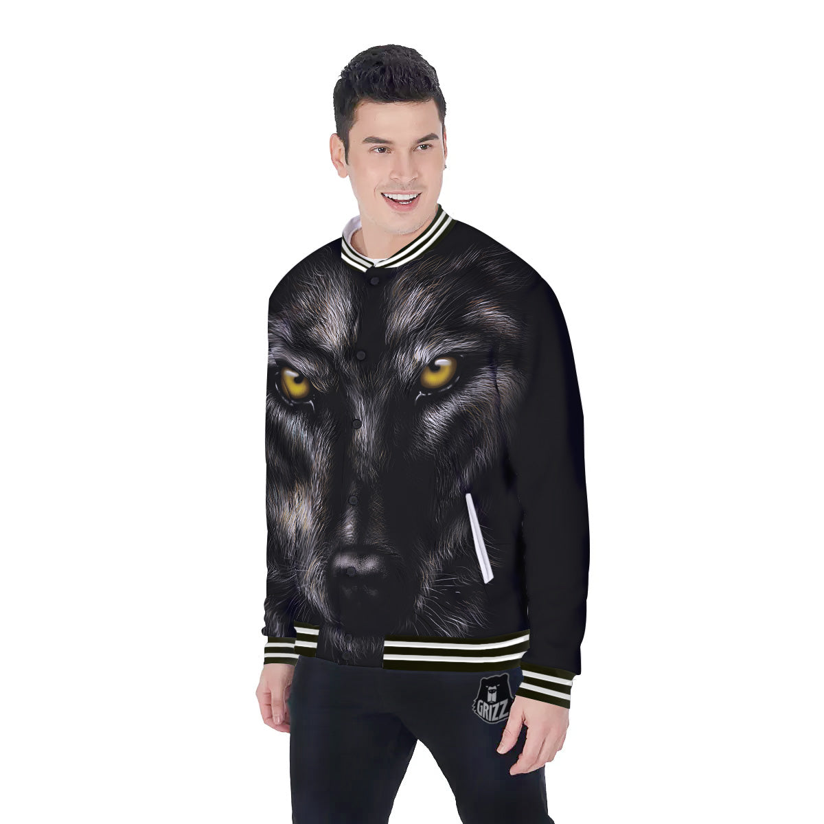 Portrait Black Wolf Print Baseball Jacket-grizzshop