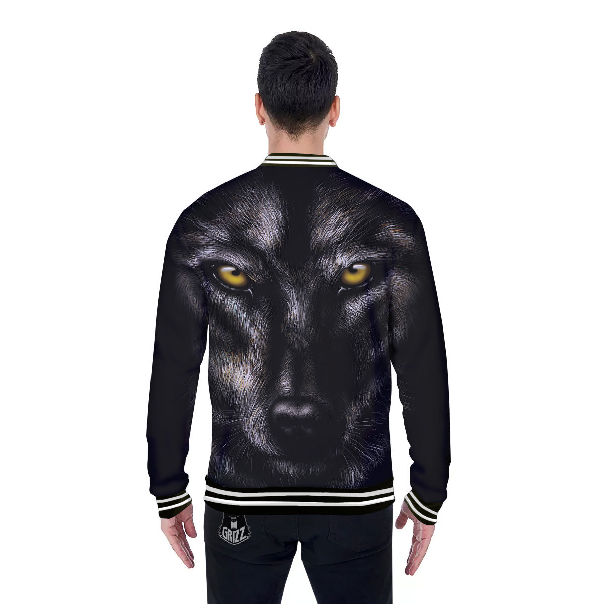 Portrait Black Wolf Print Baseball Jacket-grizzshop
