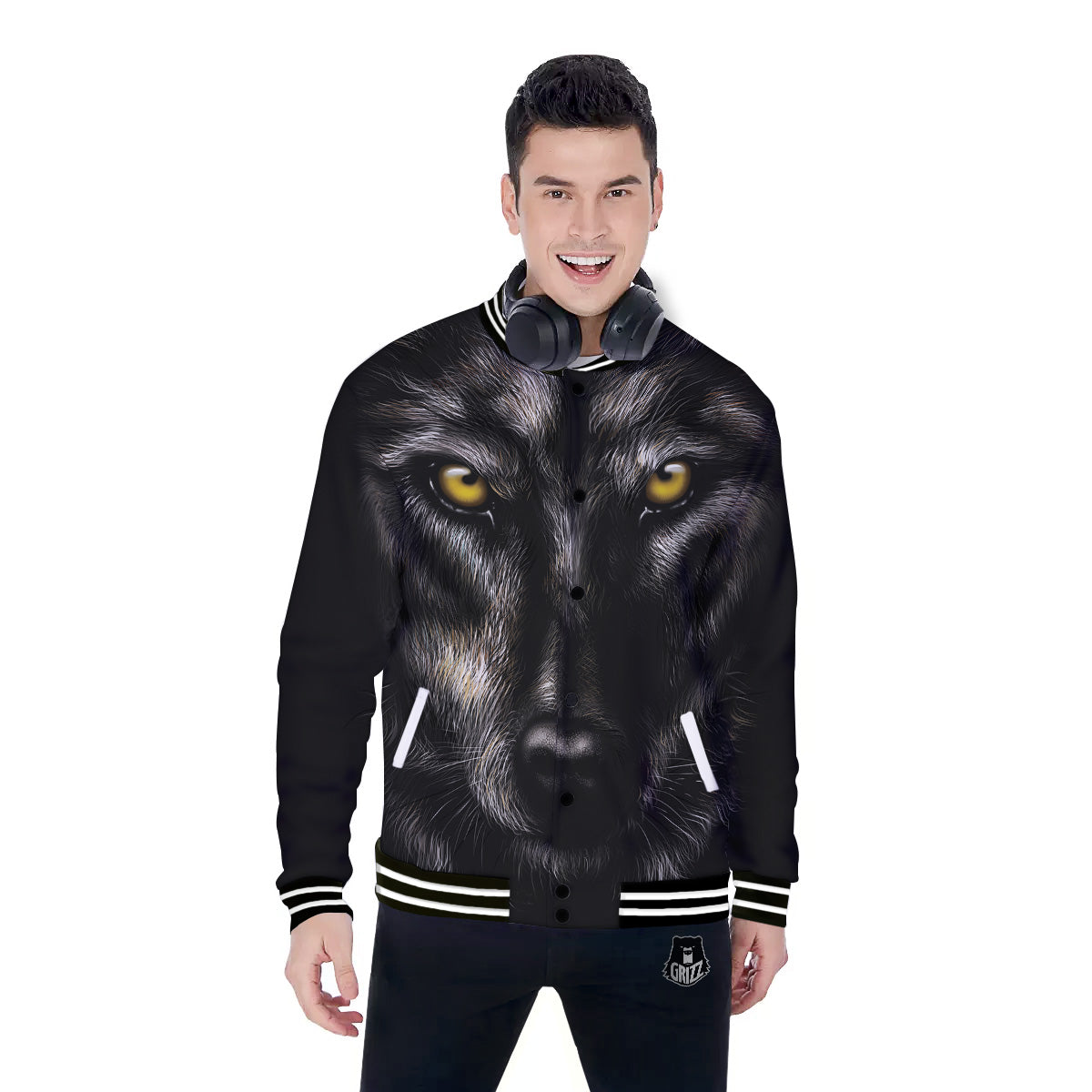 Portrait Black Wolf Print Baseball Jacket-grizzshop