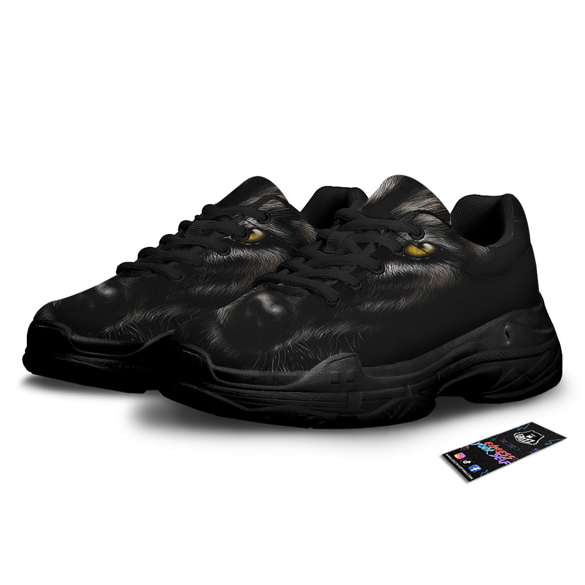 Portrait Black Wolf Print Black Chunky Shoes-grizzshop