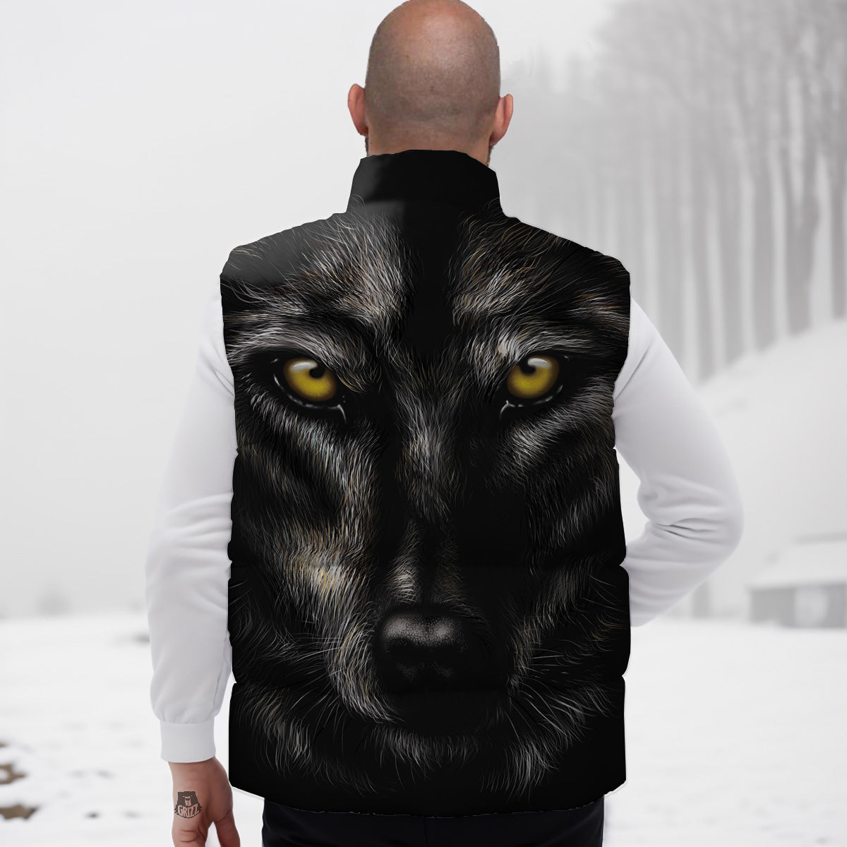 Portrait Black Wolf Print Down Vest-grizzshop