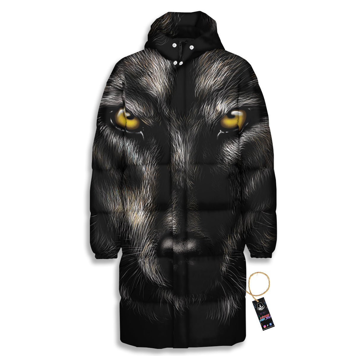 Portrait Black Wolf Print Long Down Jacket-grizzshop