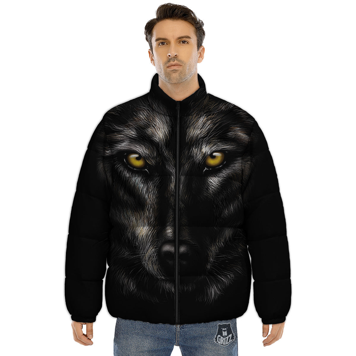 Portrait Black Wolf Print Puffer Jacket-grizzshop