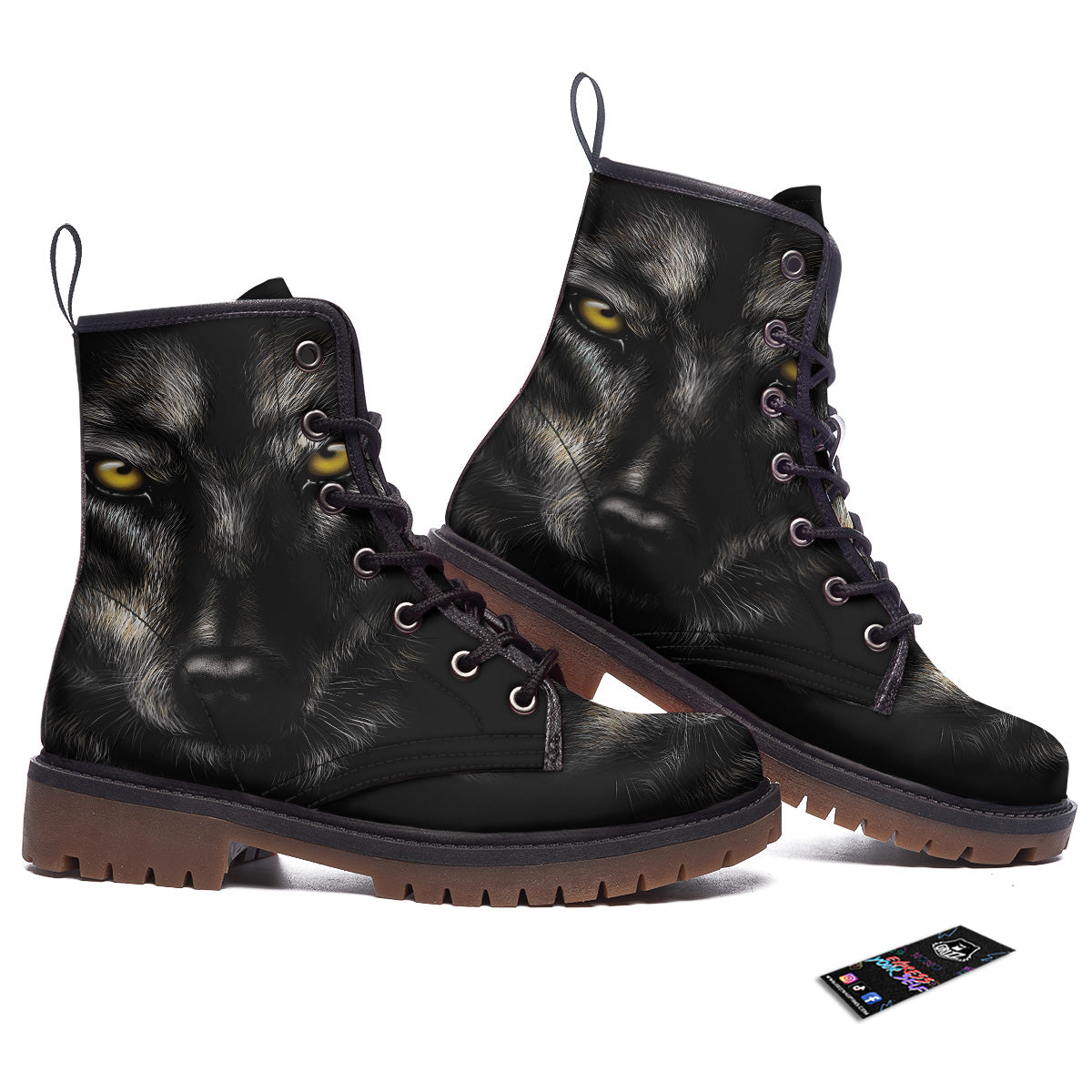 Portrait Black Wolf Print Work Boots-grizzshop