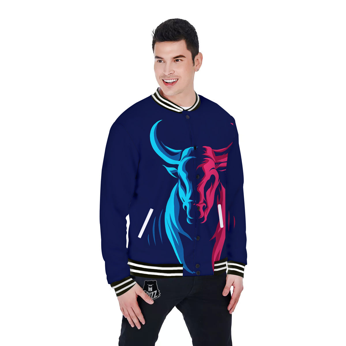 Portrait Bull Print Baseball Jacket-grizzshop