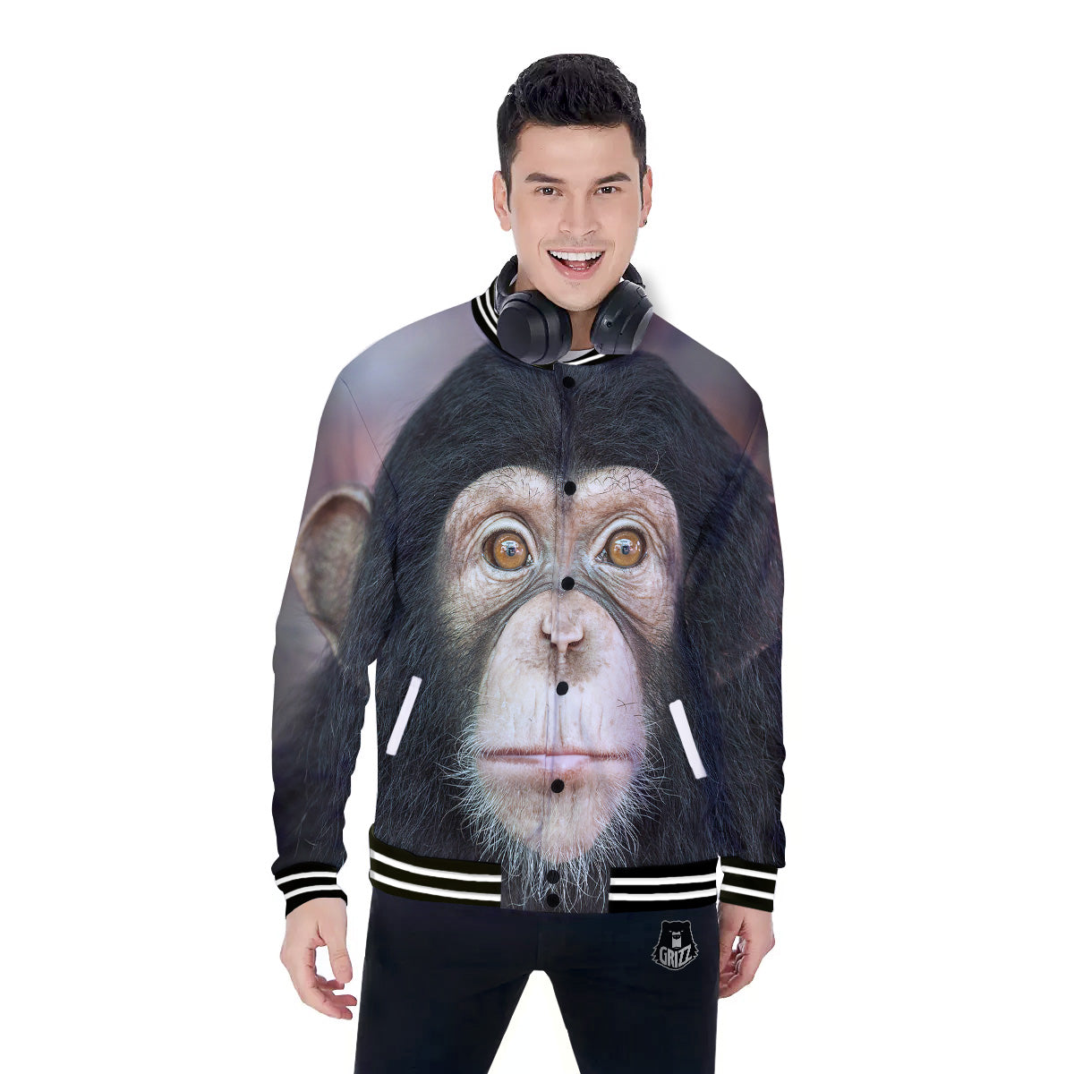 Portrait Chimpanzee Print Baseball Jacket-grizzshop