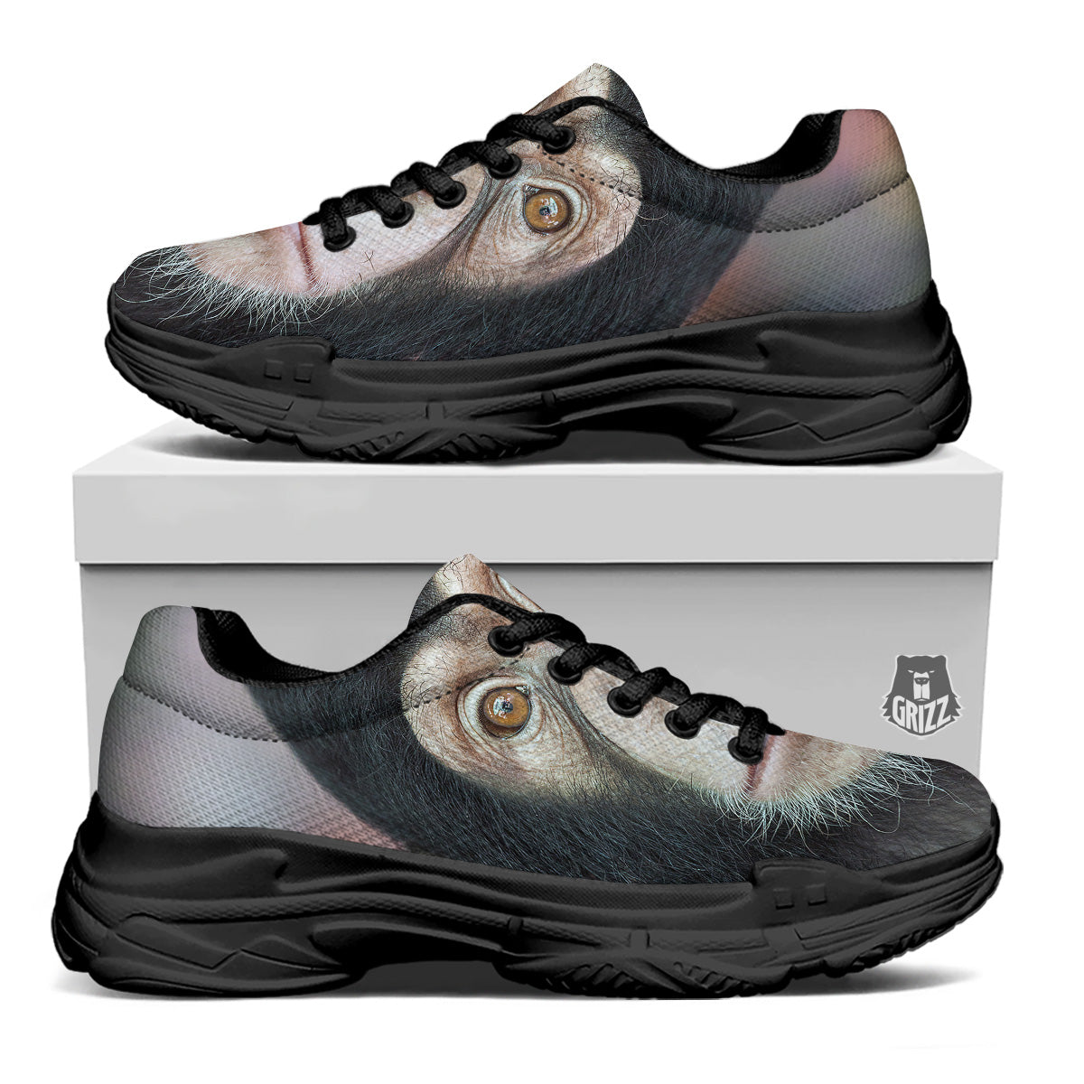 Portrait Chimpanzee Print Black Chunky Shoes-grizzshop