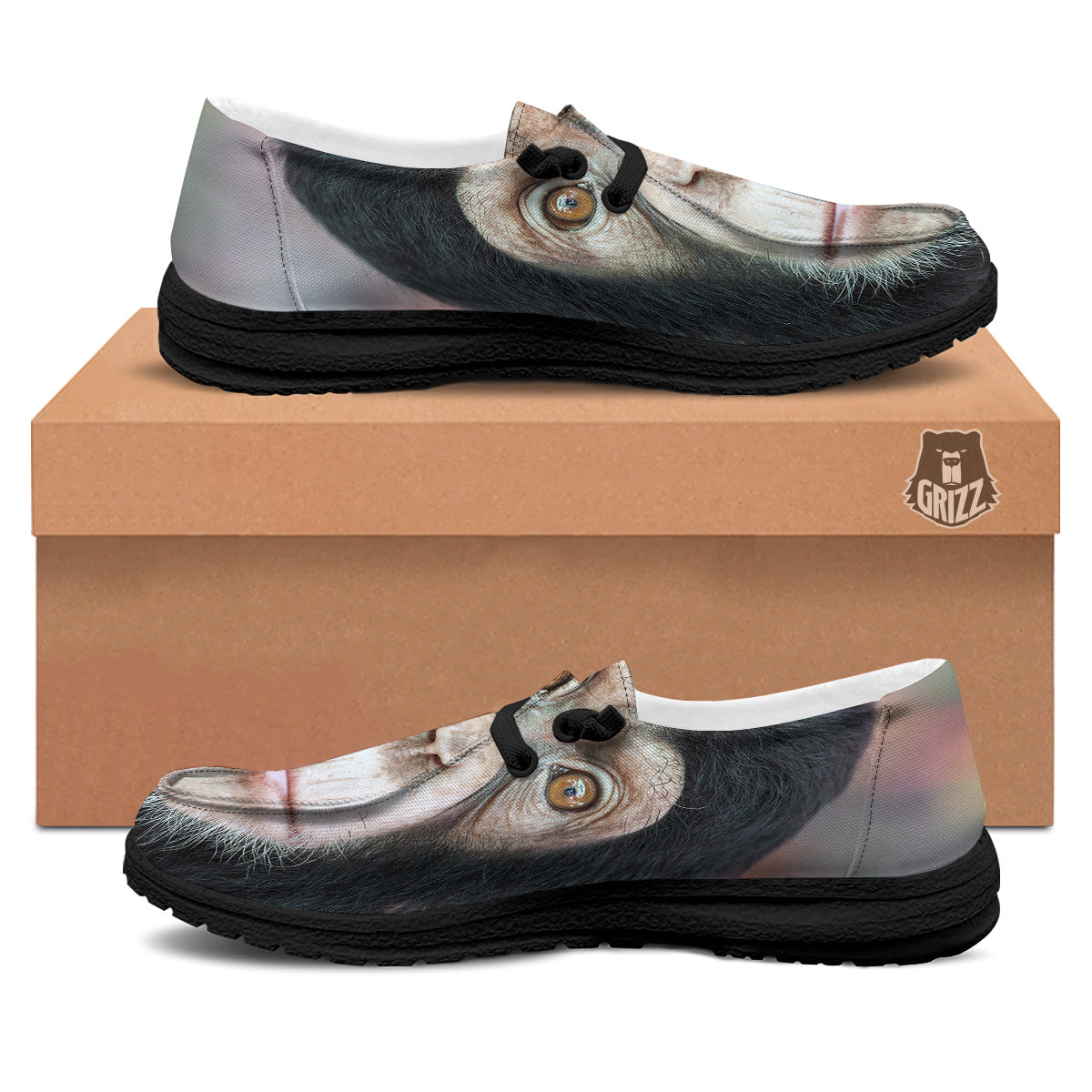Portrait Chimpanzee Print Black Loafers-grizzshop