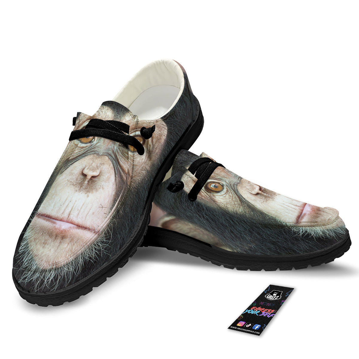 Portrait Chimpanzee Print Black Loafers-grizzshop